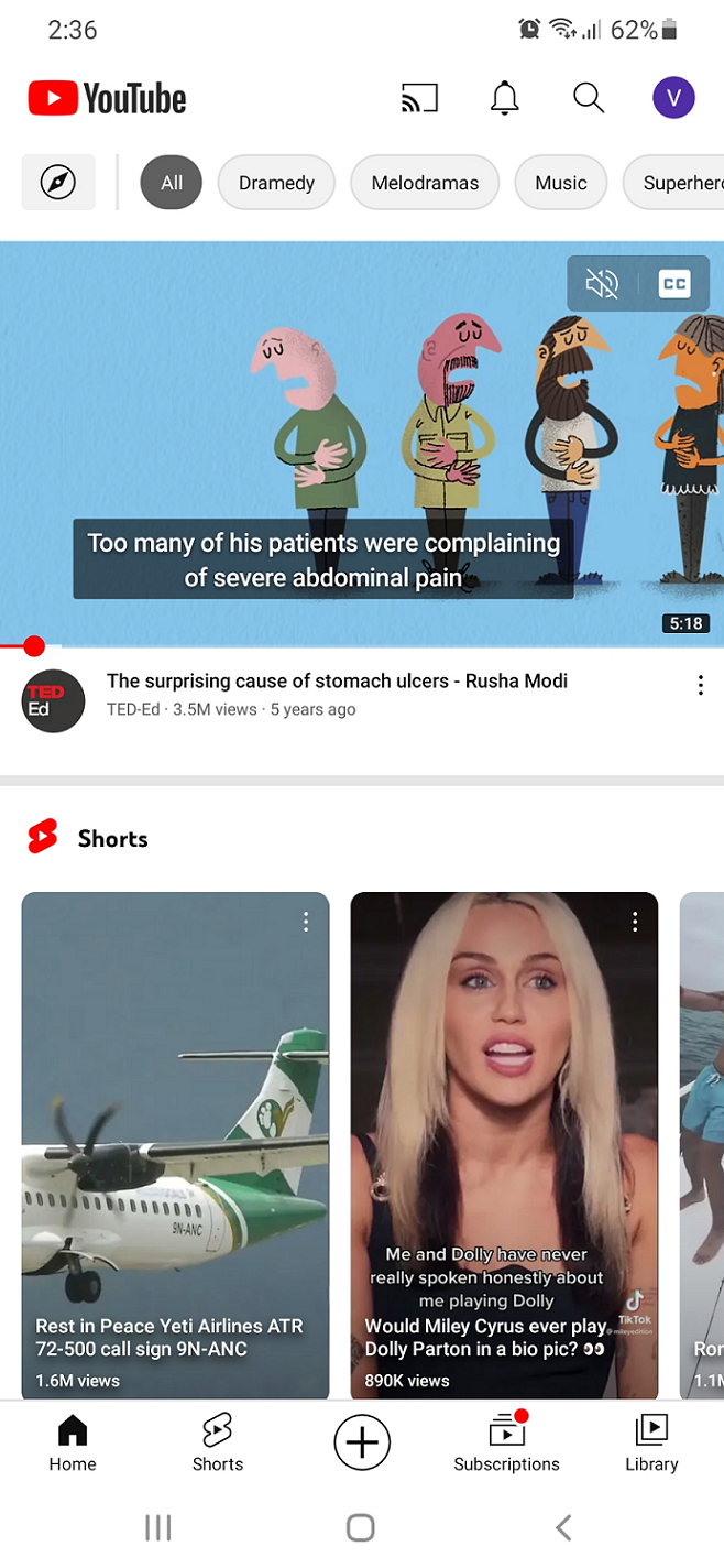 YouTube app mobile home screen
